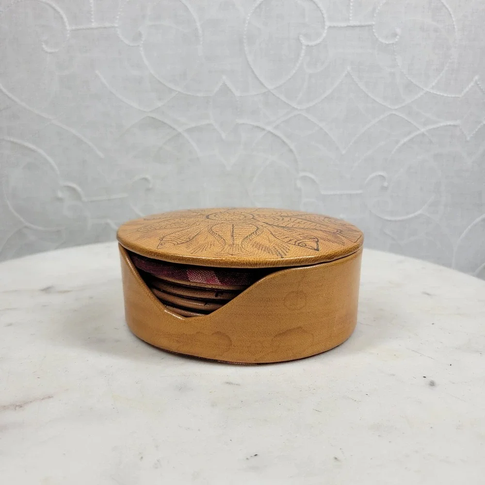 VTG Hand Painted Leather Fish Coaster Set w Storage Box Silk Back Folk Art Boho
